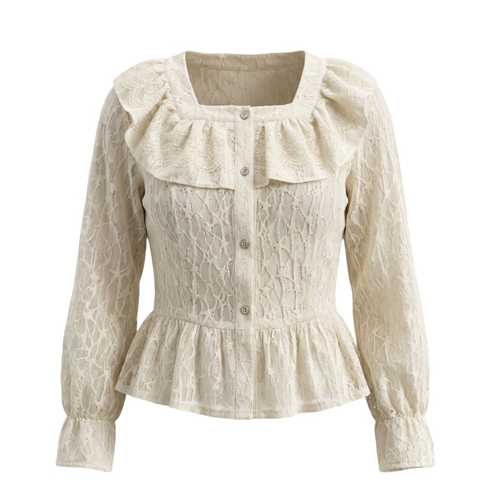 🕯️Cosmic Cottage/Prairie Blouse Ruffle Lace Peplum Star Embroidery, Size Medium